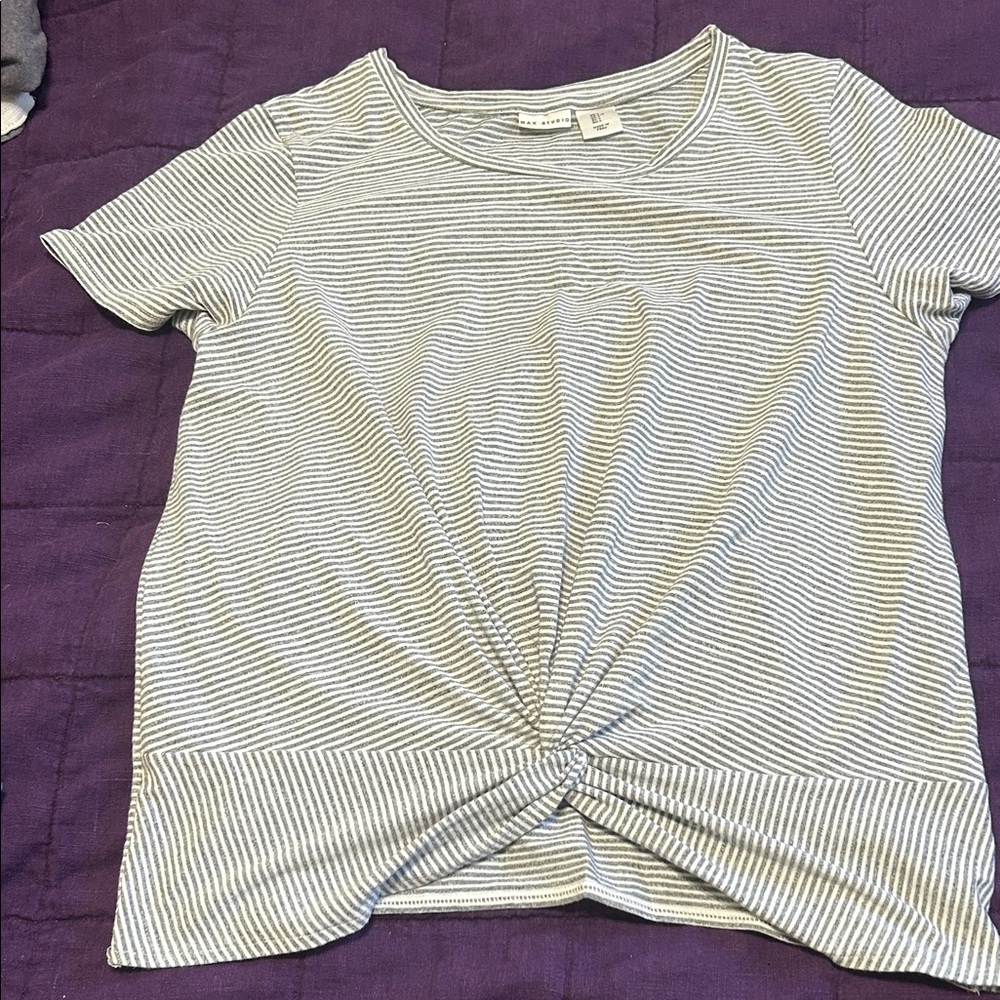 Max Studio Gray Striped Knot-Front Tee